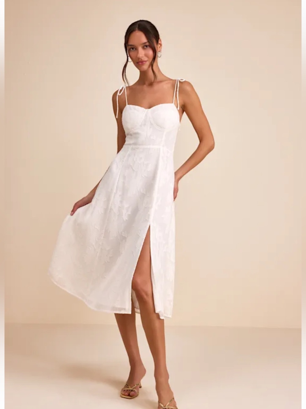 NWT Lulus Loveliest Looks White Floral Jacquard Tie-Strap Midi Dress